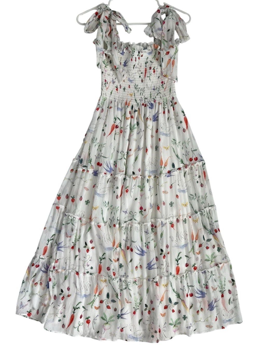 Hill House “nap dress” White Tiered Maxi Dress with Floral & Fruit Print
